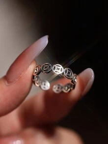 1 件 925 纯银镂空圆形硬币设计戒指，复古锈蚀风格男女通用时尚嘻哈朋克摇滚派对配饰 - 銀色 - 查看 1