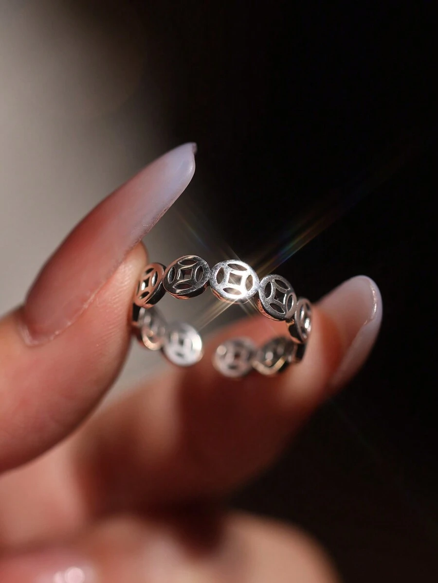 1 件 925 纯银镂空圆形硬币设计戒指，复古锈蚀风格男女通用时尚嘻哈朋克摇滚派对配饰 - 銀色 - 查看 1