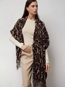 1 件女士波西米亚豹纹流苏保暖围巾，日常百搭，秋冬 - 彩色 - 查看 7