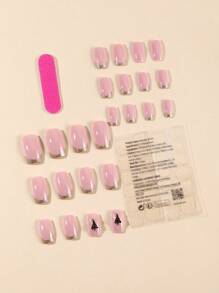 24 件圣诞粉色闪光法式杏仁形假指甲，带圣诞树装饰，全覆盖，适合女性节日穿着