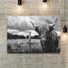 1pc Framed Highland Cow Wall Art Animals Poster Black And White Nature Prints Rustic Highland Cow Print Cow Wall Art Print Farmhouse Decor Farmhouse Artwork For Living Room Bedroom Office Decor - 淺灰色 - 查看 7