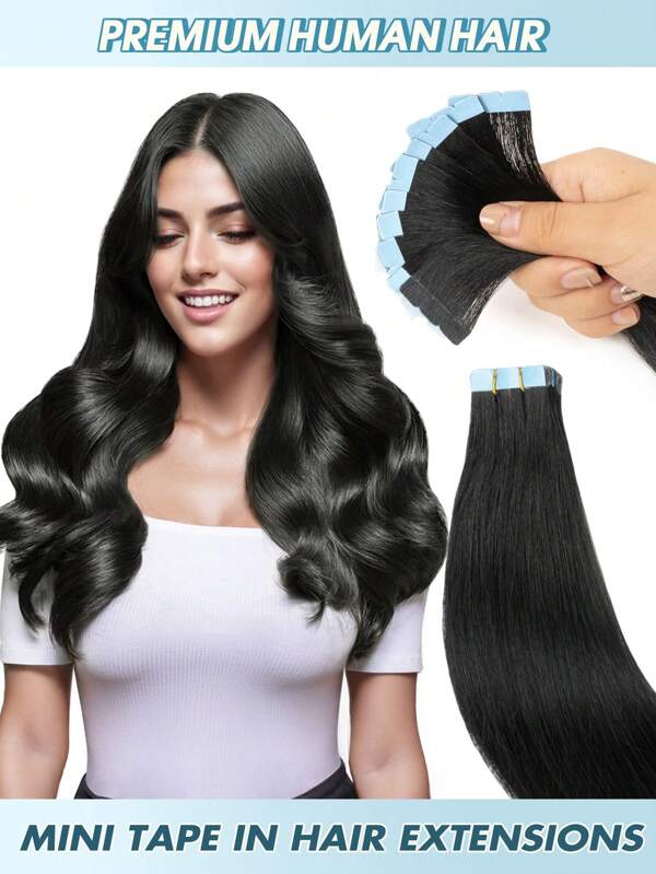 10 Pcs Mini Tape In Hair Extensions Human Hair Color 1 Jet Black 14-22 Inch Remy Human Hair Double Side Invisible Seamless Tape In Hair Extensions