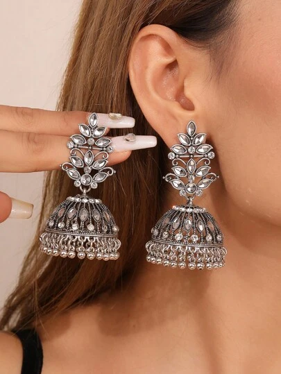 1 par extra stora örhängen Bollywood Boho-stil ihåliga silverhängande örhängen med runda pärlor och tofsar, elegant vintage enfärgad minimalistiska smyckenstillbehör Lämpliga för kvinnors dagliga, festival-, bröllops- och festkläder