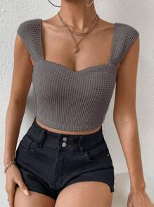 Women's Solid Sweetheart Neck Modal Knit Crop Top - Màu xám đen - Xem 2