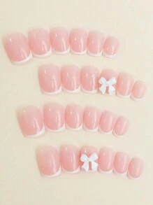 96 件/4 套按压式指甲长杏仁丙烯酸指甲白色法式蝴蝶结形珍珠设计假指甲，粉色蝴蝶结樱花盖假指甲包含 4 件果冻胶和 4 件指甲锉，适用于女士和女孩的美甲装饰