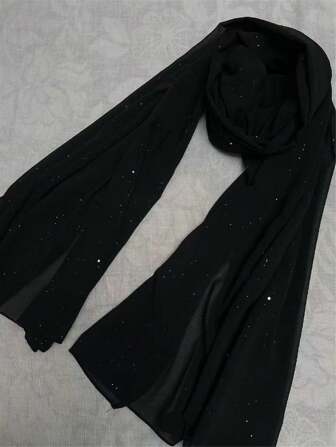 1pc Women Gold Glitter Chiffon Faux Pearl Soft Headscarf, Casual Long Hijab, Arabian Conservative Style With Sparkles, Suitable For Daily Use Accessories Women