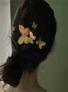 精致金属新娘婚礼头饰，法式优雅蝴蝶金色新款中式卷发蝴蝶高端发夹，发饰，女士配饰 - 金色 - 查看 8