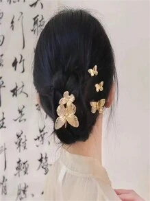 精致金属新娘婚礼头饰，法式优雅蝴蝶金色新款中式卷发蝴蝶高端发夹，发饰，女士配饰 - 金色 - 查看 9