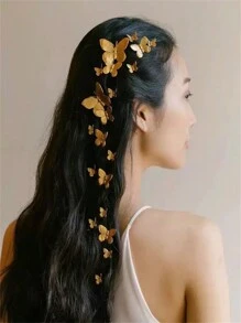 精致金属新娘婚礼头饰，法式优雅蝴蝶金色新款中式卷发蝴蝶高端发夹，发饰，女士配饰 - 金色 - 查看 1
