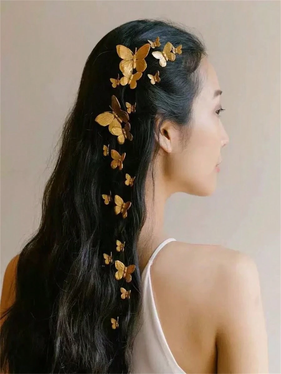 精致金属新娘婚礼头饰,法式优雅蝴蝶金色新款中式卷发蝴蝶高端发夹,发饰,女士配饰 - 金色 - 查看 1