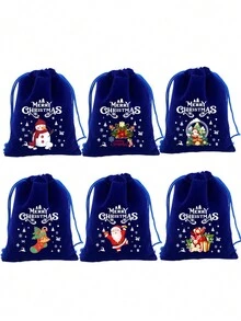1 套/10 件全新海军蓝圣诞糖果礼品袋、抽绳零食收纳袋、圣诞苹果礼品包装袋、随机图案组合、圣诞 - 寶藍色 - 查看 10