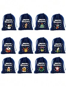 1 套/10 件全新海军蓝圣诞糖果礼品袋、抽绳零食收纳袋、圣诞苹果礼品包装袋、随机图案组合、圣诞 - 寶藍色 - 查看 9