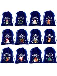 1 套/10 件全新海军蓝圣诞糖果礼品袋、抽绳零食收纳袋、圣诞苹果礼品包装袋、随机图案组合、圣诞 - 寶藍色 - 查看 1