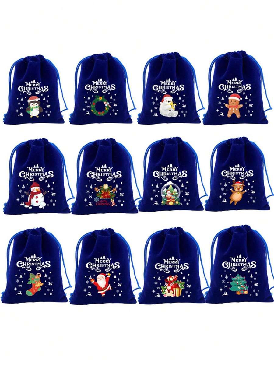 1 套/10 件全新海军蓝圣诞糖果礼品袋、抽绳零食收纳袋、圣诞苹果礼品包装袋、随机图案组合、圣诞 - 寶藍色 - 查看 1