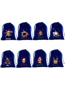 1 套/10 件全新海军蓝圣诞糖果礼品袋、抽绳零食收纳袋、圣诞苹果礼品包装袋、随机图案组合、圣诞 - 寶藍色 - 查看 2