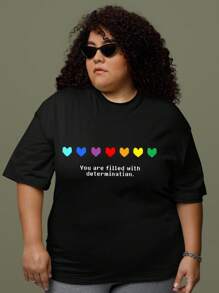 Plus Size RAINBOW HEART T-Shirt Women's Fashion 100% Cotton Streetwear NEW! - 黑色 - 查看 1