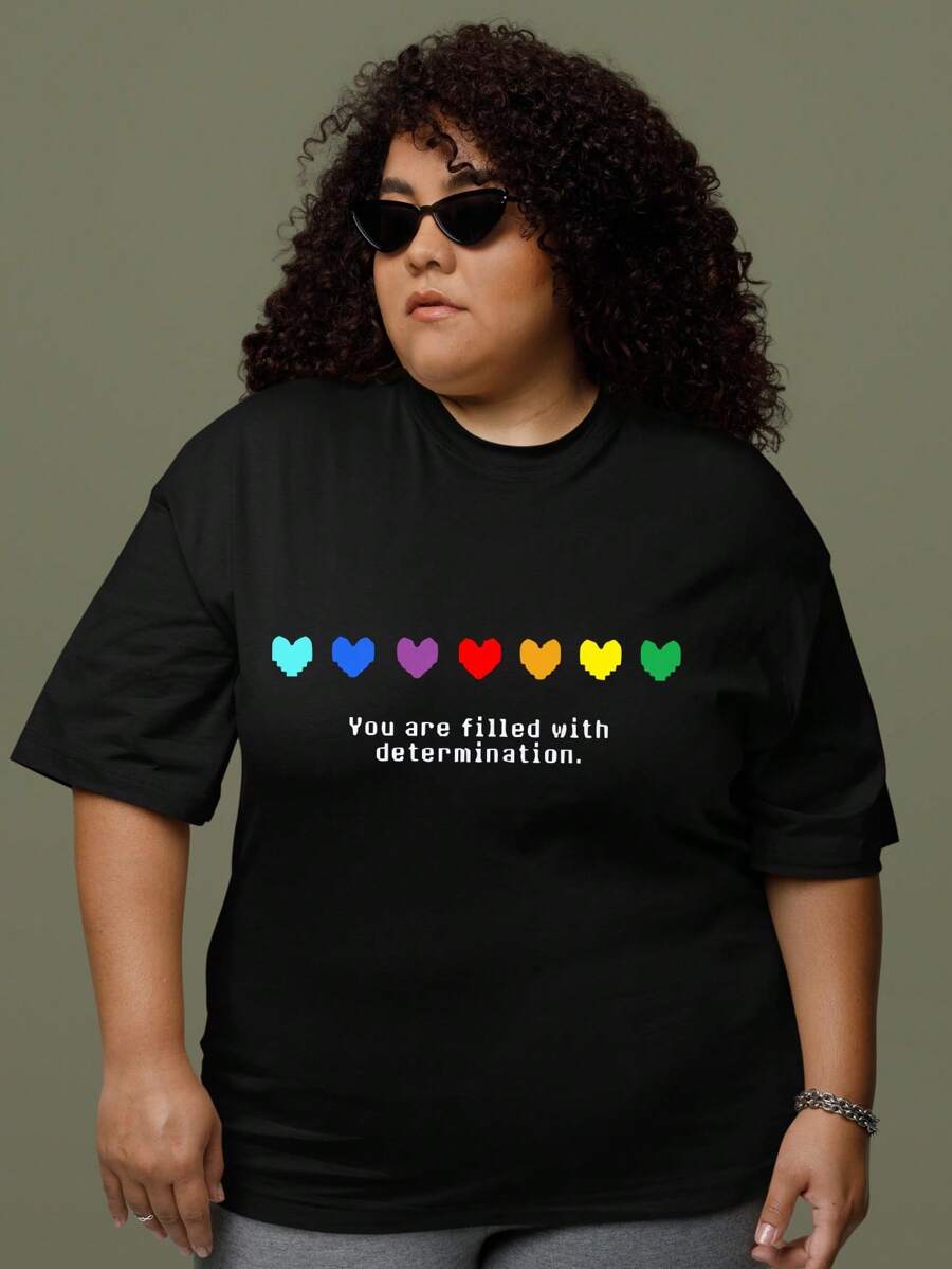 Plus Size RAINBOW HEART T-Shirt Women's Fashion 100% Cotton Streetwear NEW! - 黑色 - 查看 1