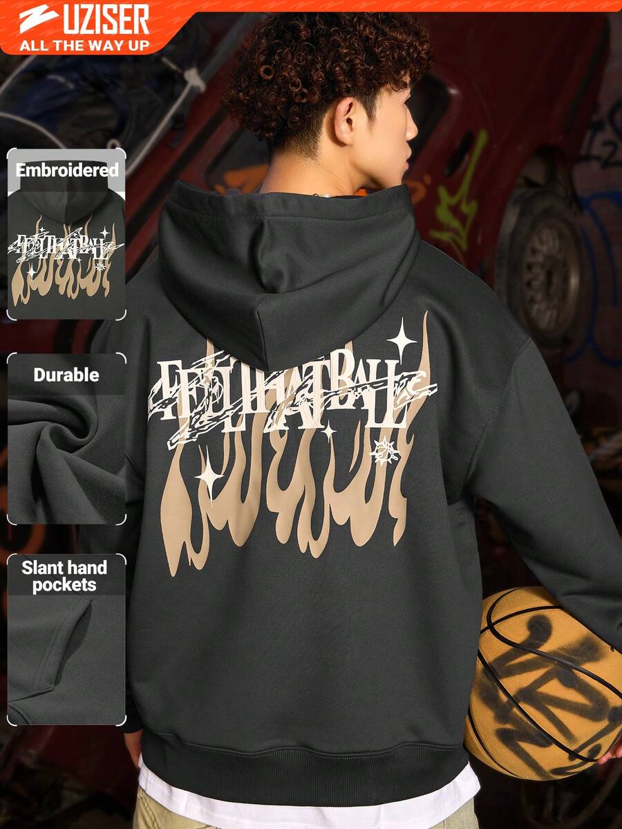 UZISER 休闲学院风宽松防风男士个性化图案斜插手口袋落肩套头连帽衫 - 深灰色 - 查看 1