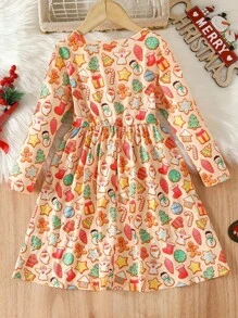 年轻女孩圣诞卡通姜饼长袖连衣裙，冬季和秋季日常节日休闲连衣裙，派对，作为礼物 - 彩色 - 查看 2