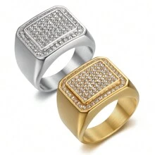 1pc New Hip Hop Style Titanium Steel Electroplated Rhinestone Square Ring, Personalized Statement Jewelry - Stainless Steel Accessories - View 1