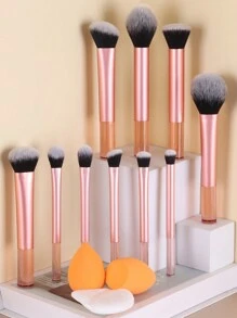 15pcs Makeup Brush Set, Including Powder Brush, Blush Brush, Highlighter Brush, Eyeshadow Brush, Eyelash Brush, Eyeliner Brush, Angled Foundation Brush, Round Foundation Brush, Round Powder Puff, Triangle Powder Puff, Triangle Makeup Sponge For Loose Powder, Makeup Sponge For Liquid Foundation Mixing, Beauty Makeup Tools