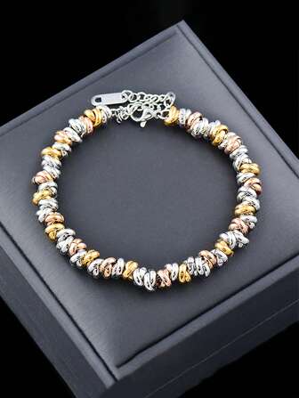 Handmade Vintage Tricolor Beaded Chunky Bracelet, Ins-Style Stainless Steel Jewelry For Women, Suitable For Daily Wear