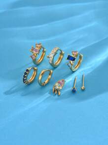 8pcs/Set Elegant Blue & Pink Zirconia Pendant, Stud Earrings Set, Suitable For Party, Holiday, Date Or Wedding