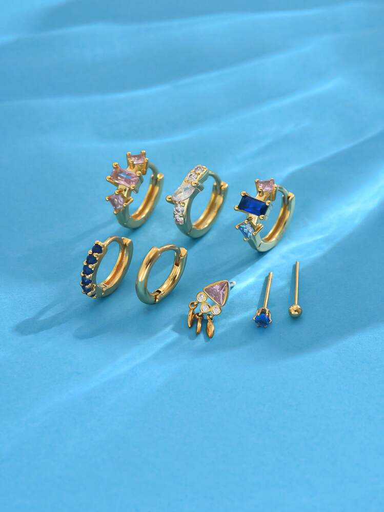 8 件/套优雅蓝色和粉色锆石吊坠、耳钉套装，适合派对、节日、约会或婚礼 - 金黃色 - 查看 2