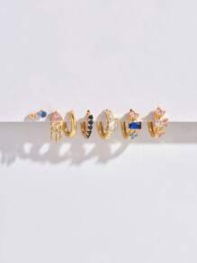 8pcs/Set Elegant Blue & Pink Zirconia Pendant, Stud Earrings Set, Suitable For Party, Holiday, Date Or Wedding