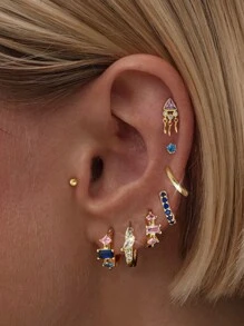 8pcs/Set Elegant Blue & Pink Zirconia Pendant, Stud Earrings Set, Suitable For Party, Holiday, Date Or Wedding