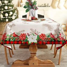 1pc Christmas Table Cloth For Rectangle Tables, Christmas Tablecloth - Flower Buffalo Plaid Christmas Decor - Water Resistant Holiday Christmas Decorations For Home, Party, Kitchen - Multicolor - View 2