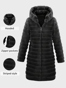 Risissida Women's Fall Winter Elegant Faux Fur Coat For A Stylish Winter Look: Pure Colored, Hooded, Straight-Cut With Pockets