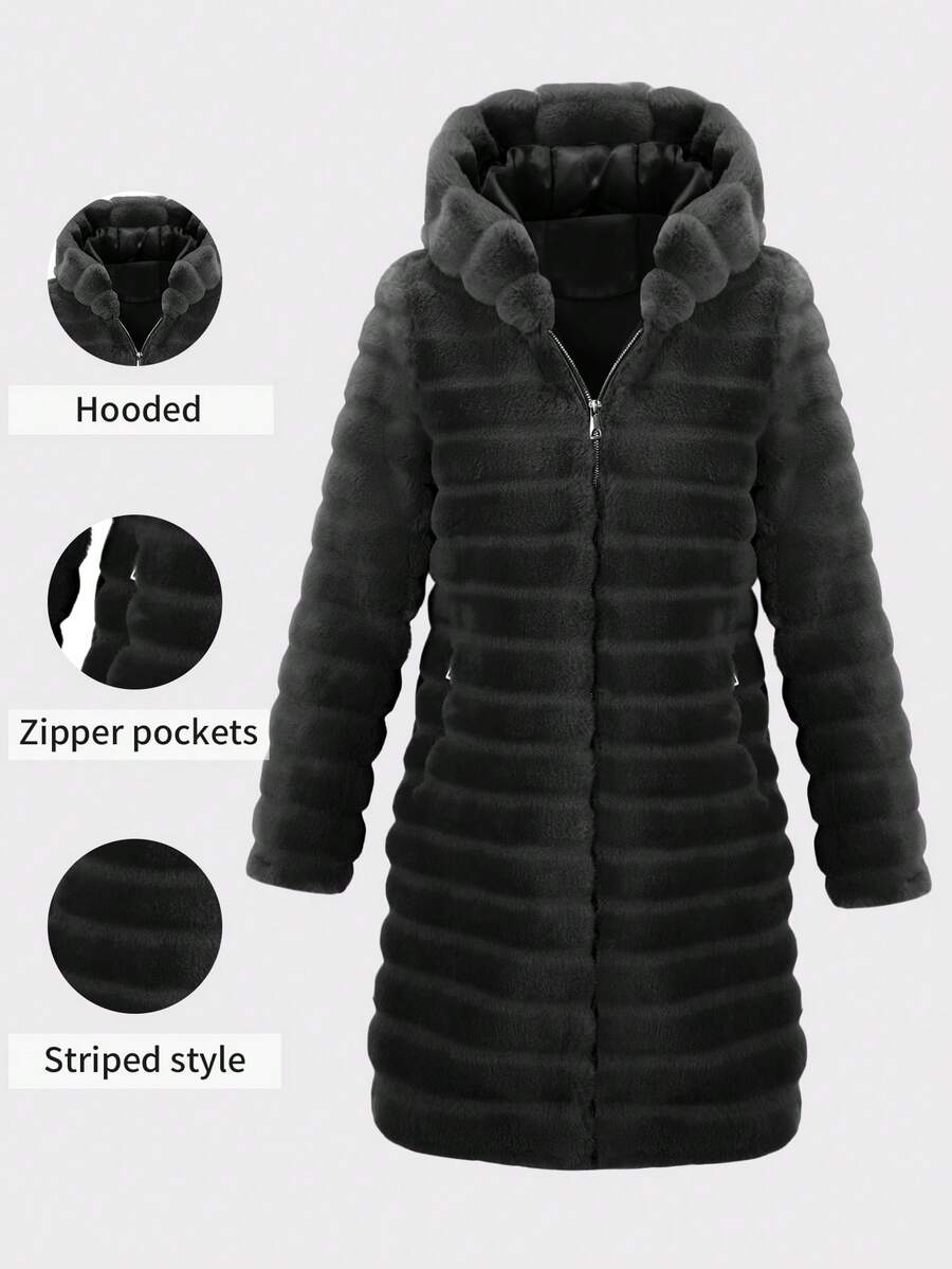 Risissida Women's Fall Winter Elegant Faux Fur Coat For A Stylish Winter Look: Pure Colored, Hooded, Straight-Cut With Pockets