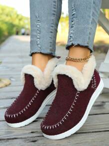 Women's Flat Fuzzy Shoes, Comfortable Slip-On Sneakers With Warm Thermal Lined , Cozy Casual Winter Shoes - Burgundy - View 2
