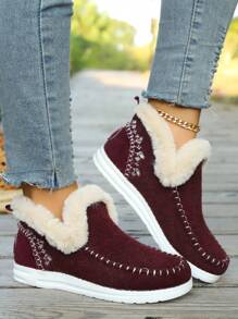 Women's Flat Fuzzy Shoes, Comfortable Slip-On Sneakers With Warm Thermal Lined , Cozy Casual Winter Shoes - Burgundy - View 4