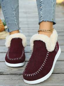 Women's Flat Fuzzy Shoes, Comfortable Slip-On Sneakers With Warm Thermal Lined , Cozy Casual Winter Shoes - Burgundy - View 3