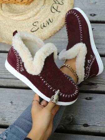 女士平底毛绒鞋，舒适一脚蹬运动鞋，保暖内衬，舒适休闲冬鞋