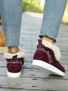Women's Flat Fuzzy Shoes, Comfortable Slip-On Sneakers With Warm Thermal Lined , Cozy Casual Winter Shoes - Burgundy - View 5