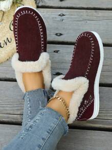 Women's Flat Fuzzy Shoes, Comfortable Slip-On Sneakers With Warm Thermal Lined , Cozy Casual Winter Shoes - Burgundy - View 6