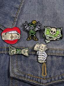 1 pieza Broche asimétrico con diseño de cabeza de esqueleto/billete de dólar único, accesorio de moda para ropa o sombrero