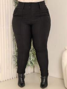 TAILORED PLUS SIZE DRESS PANTS ELASTANE BENGALINE 2 BUTTONS ZIPPER WAISTBAND ELEGANT CURVE - Preto Black - View 4