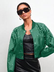 Chamarra bomber sexy dama mujer tejido vinipiel aplicaciones brillosas cristal manga larga cuello alto cardigan cierre broches de presión forro estilo rock fiesta concierto evento noche frío invierno - Verde - Ver 3