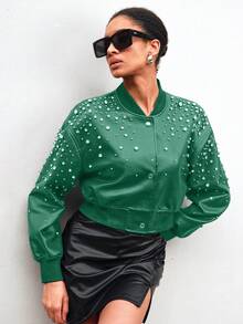 Chamarra bomber sexy dama mujer tejido vinipiel aplicaciones brillosas cristal manga larga cuello alto cardigan cierre broches de presión forro estilo rock fiesta concierto evento noche frío invierno - Verde - Ver 4
