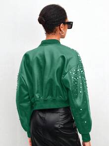 Chamarra bomber sexy dama mujer tejido vinipiel aplicaciones brillosas cristal manga larga cuello alto cardigan cierre broches de presión forro estilo rock fiesta concierto evento noche frío invierno - Verde - Ver 7