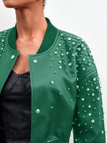 Chamarra bomber sexy dama mujer tejido vinipiel aplicaciones brillosas cristal manga larga cuello alto cardigan cierre broches de presión forro estilo rock fiesta concierto evento noche frío invierno - Verde - Ver 2