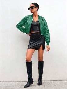 Chamarra bomber sexy dama mujer tejido vinipiel aplicaciones brillosas cristal manga larga cuello alto cardigan cierre broches de presión forro estilo rock fiesta concierto evento noche frío invierno - Verde - Ver 5