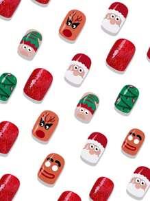 24 件短方形指甲，创意圣诞可爱圣诞老人麋鹿姜饼人假指甲，适合女孩佩戴可拆卸全帽假指甲贴，圣诞礼物。 - 彩色 - 查看 3