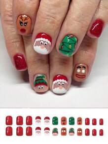 24 件短方形指甲，创意圣诞可爱圣诞老人麋鹿姜饼人假指甲，适合女孩佩戴可拆卸全帽假指甲贴，圣诞礼物。 - 彩色 - 查看 2