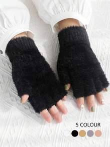 1 par de guantes sin dedos mullidos de unicolor para mujer, calentadores de muñeca de punto, adecuados para el calor diario de invierno en deportes al aire libre