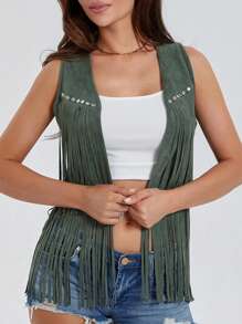 Women's Boho Hippie Chic Waistcoat Vest Ultra Lightweight Solid Hue Open Front Sleeveless Jacket Adorned With Tassels  Streetwear Layering